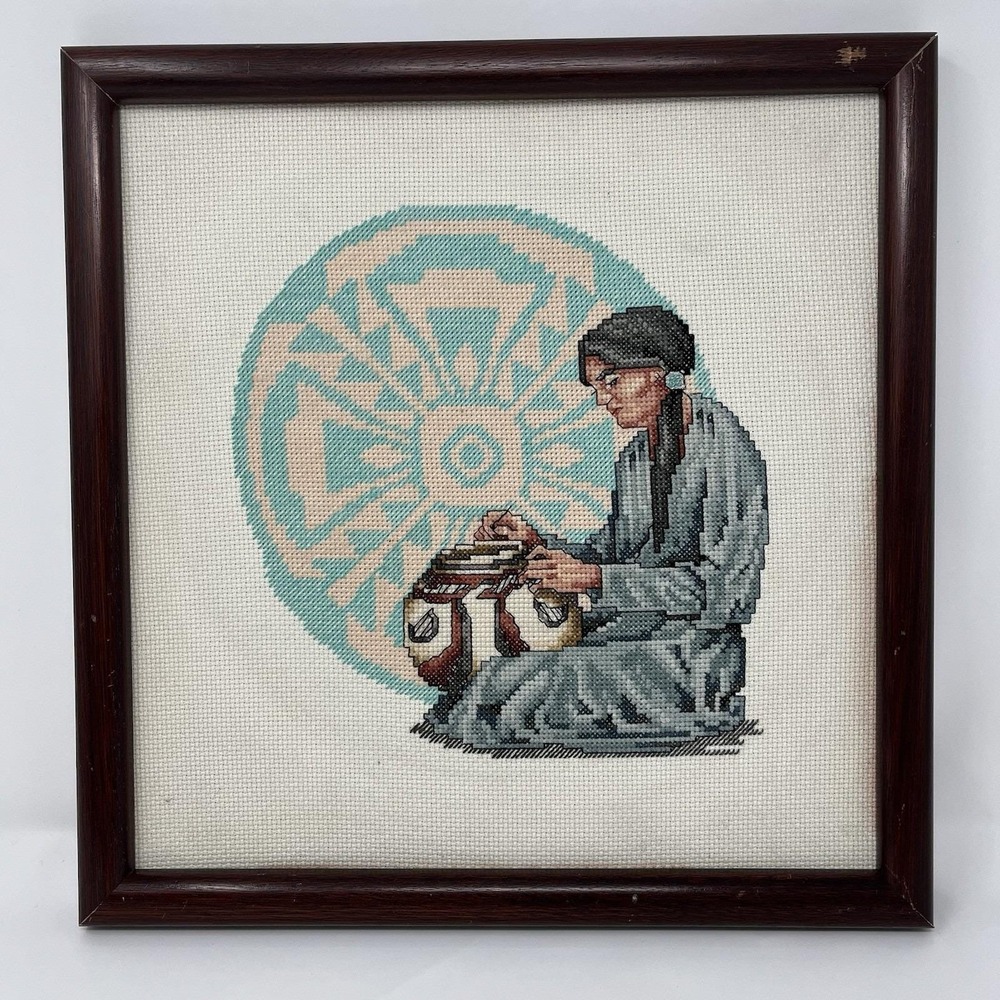 Vintage 12x12 Finished Cross Stitch Framed Art Native American Basketmaking
